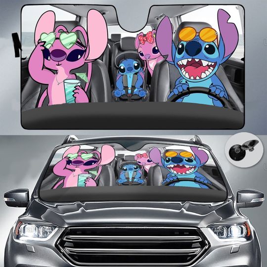 Funny Pinky Stitch On Trip Car Sun Shade, Cartoon Car Sunshade