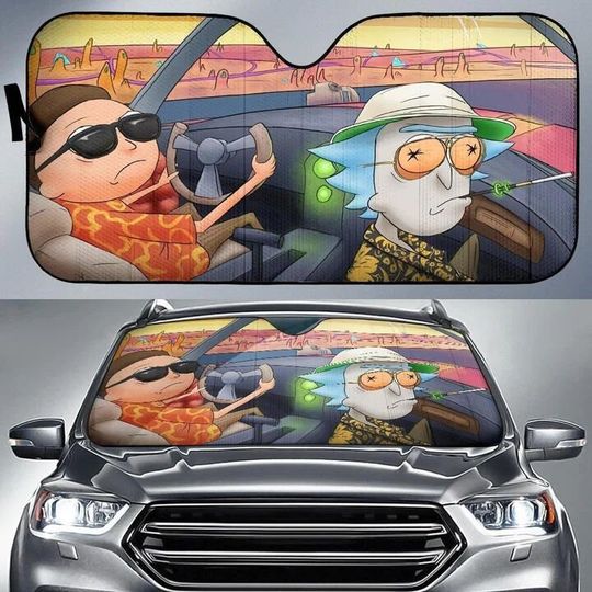 Driving Rick And Rickandmorty On Desert Car Sun Shade, Cartoon Car Sunshade