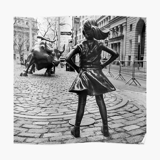 Fearless Girl And Wall Street Bull Statue Premium Matte Vertical Poster