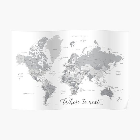 Where to next world map with cities in grayscale Premium Matte Vertical Poster