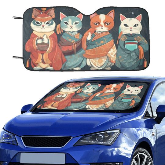 Cats In Chinese Costume Windshield Sunshade, Funny Cat Car Windshield Sun Shade