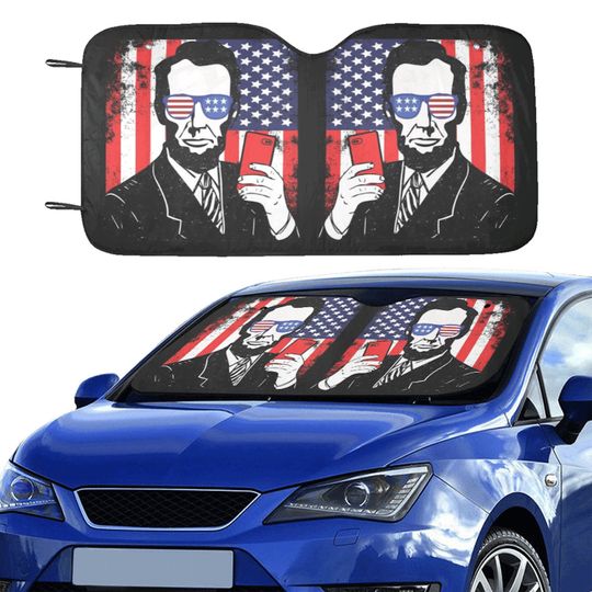 Funny Abraham Lincoln Selfie Windshield Sunshade, USA Flag 4th of July Car Gift