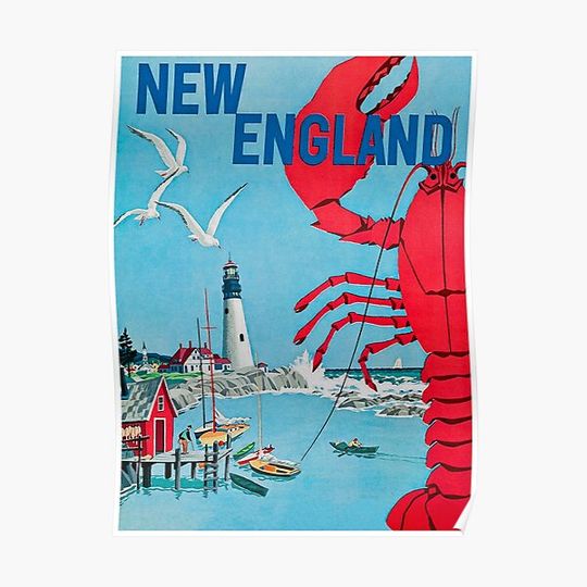 New England Retro Vintage Travel Poster Premium Matte Vertical Poster