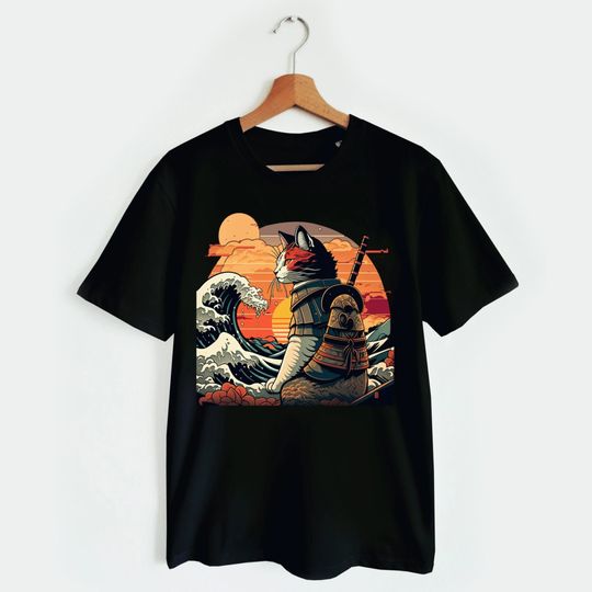 Retro samurai cat T-shirt The Great Wave off Kanagawa Hokusai