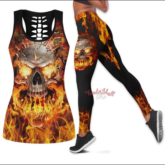 Skull Gothic Flame Leggings And Hollow Tank Top Set