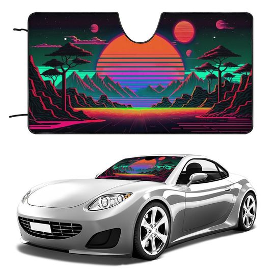 Futuristic Sunset view Car Auto Sun Shade, vaporwave car accessories decor