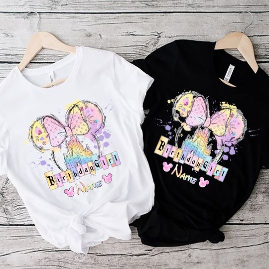 Personalized Disney Birthday Girl Shirt, Watercolor Disney Castle Shirt, Minnie Ears tee, Birthday Family Shirt