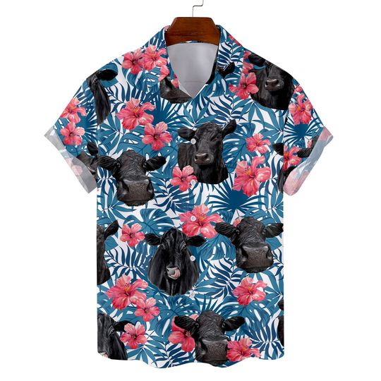 Black Angus Cow Hawaiian Shirts for Men, Tropical Flower Cow American Flag Button Down Short Sleeve