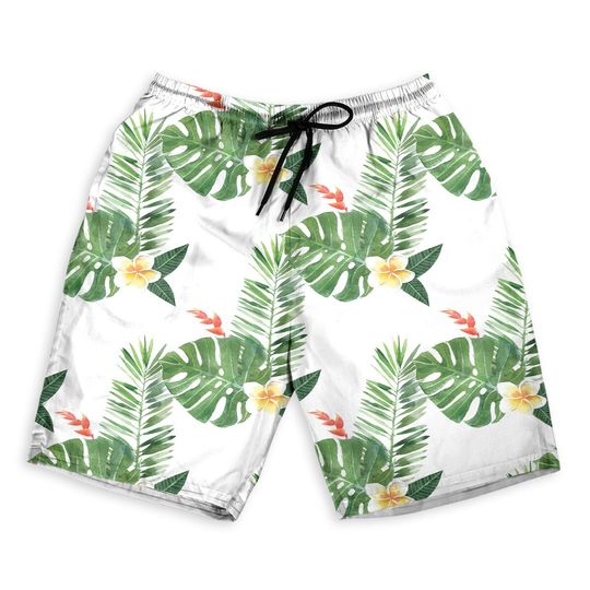 Watercolor Tropical Plants Men Beach Shorts