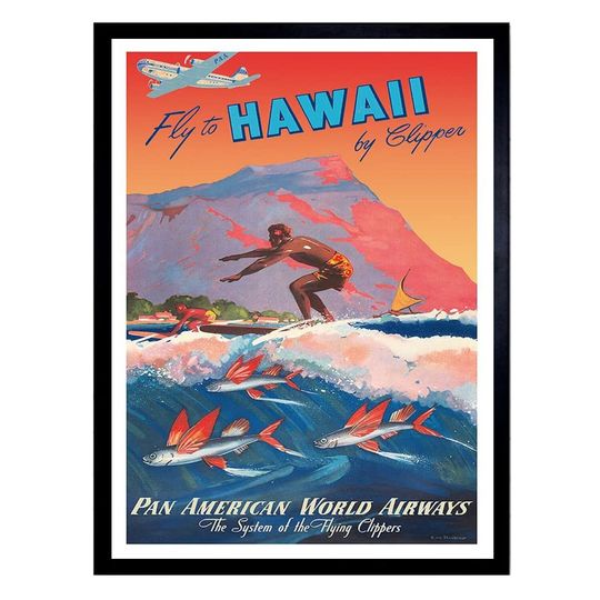 Fly to Hawaii - 1940s Vintage Surfing Travel Poster
