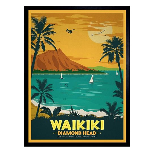 Vintage Travel Poster For Waikiki Beach, Hawaii- Diamond Head Poster