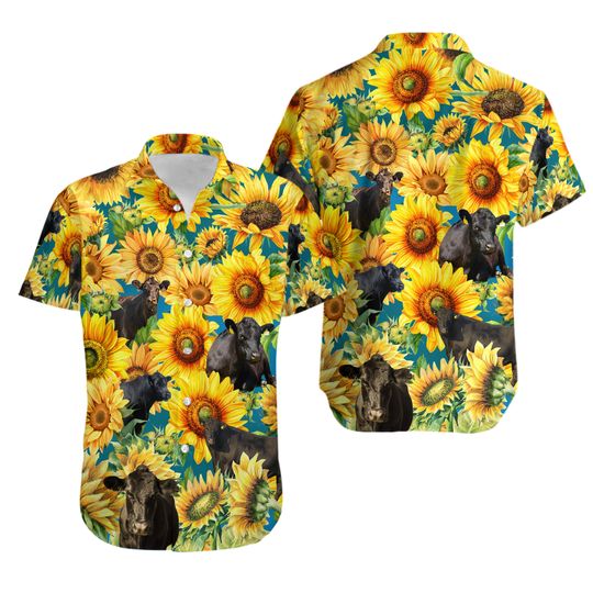 Black Angus Cattle Lovers Sunflower Watercolor Hawaiian Shirt, Cow Flower Aloha shirt