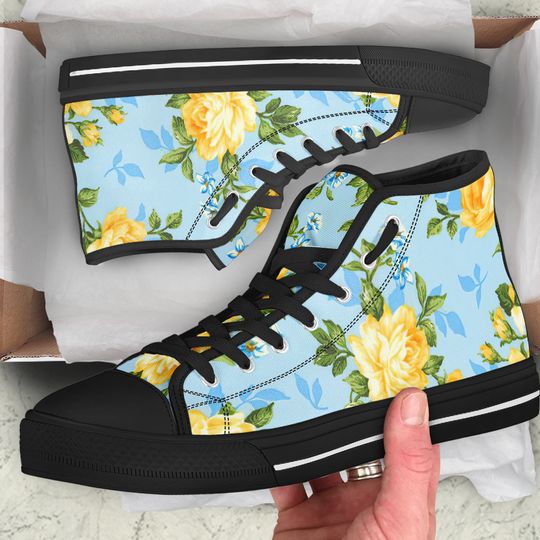 High Top Canvas Sneakers - White roses -Blue Sky -Sneakers