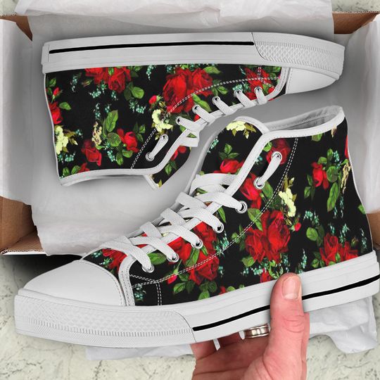 High Top Canvas Sneakers - Red Roses - Flowers-