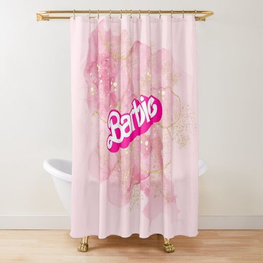 Barbie Pink Aesthetic Logo - Pink and Gold Glitter Shower Curtain
