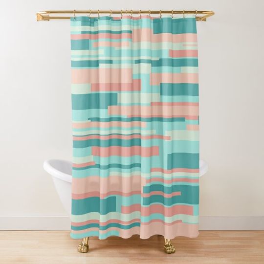 Wright Mid Century Modern Geometric Abstract in Coral Peach Blush Mint Teal Shower Curtain