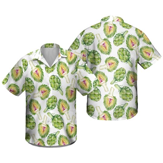 Watercolor Artichoke White Short Sleeve Custom Hawaiian Shirt For Men , Button Vintage Aloha Hawaii Shirt