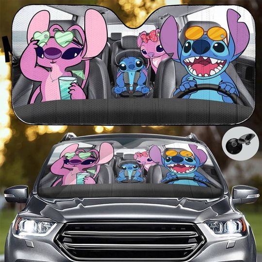 Stitch And Angel Fall In Love Character Car Sun Shade, Stitch Driving On Car Sun Shade
