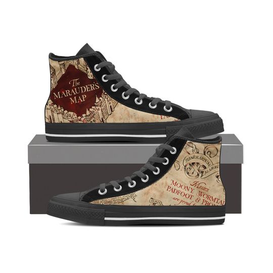 Canvas Shoe Trainers, Kids to Adults, Hand Customised with The Marauders Map Harry Potter Fabric.