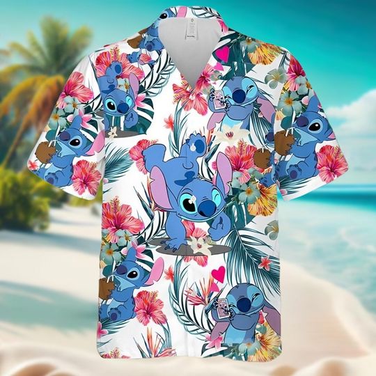 Stitch Beach Hawaiian Shirt, Stitch and Lilo Hibiscus Shirt, Cute Stitch Tropical Aloha Shirt