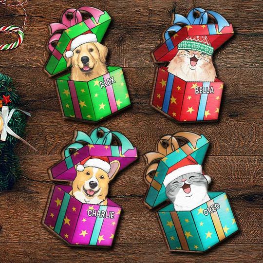 Christmas Gift Box - Dogs And Cats - Personalized Custom Gift Box Shaped Wood Christmas Ornament