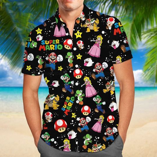 Super Mario Hawaiian Shirt, Super Mario Beach Shirt, Hawaiian Mario Summer Shirt