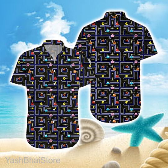 Pacman Hawaiian Shirt, Pac Man Shirt , Pacman and Ghosts Button Up Shirt ,