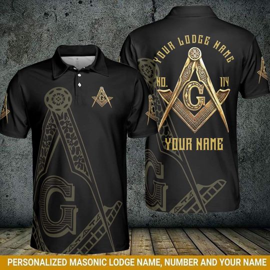 Custom Lodge Name Number Freemason Black & Gold  3D All Over Print Polo Shirt