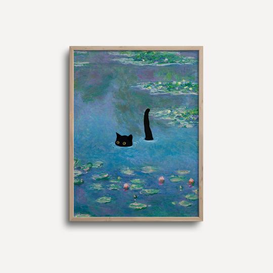 Cat Print Monet Waterlily Funny Gift Poster