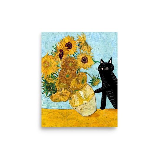 Black Cat Knocking Over Van Goghs Sunflowers - Funny Cat Art - Tippys Friends Poster