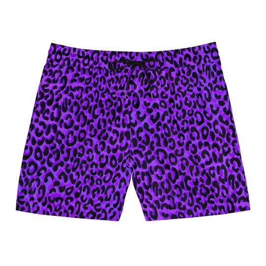 Men's Mid-Length Purple Leopard Print Swim Shorts with Pockets