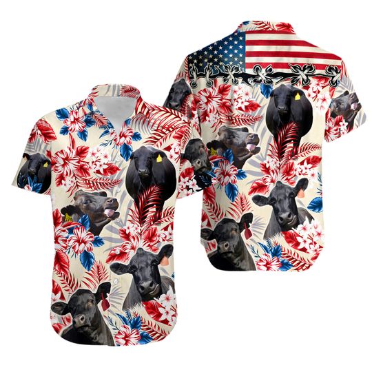 Black Angus Cattle In American Flag Patterns All Over Print Hawaiian Shirt