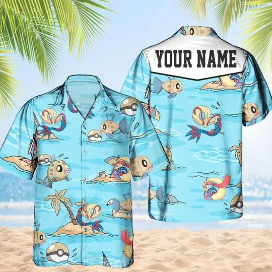 Custom PKM Feebas Hawaiian Pattern Hawaii Shirt, Aloha Anime Milotic Button Up Shirt