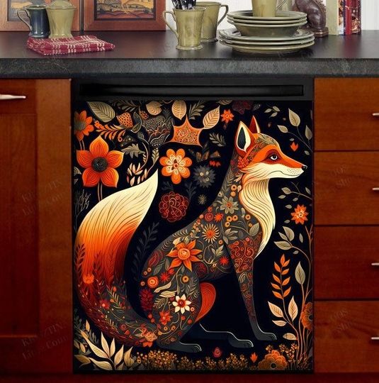 Kitchen Dishwasher Magnet Cover - Beautiful Folk Fox and Flowers