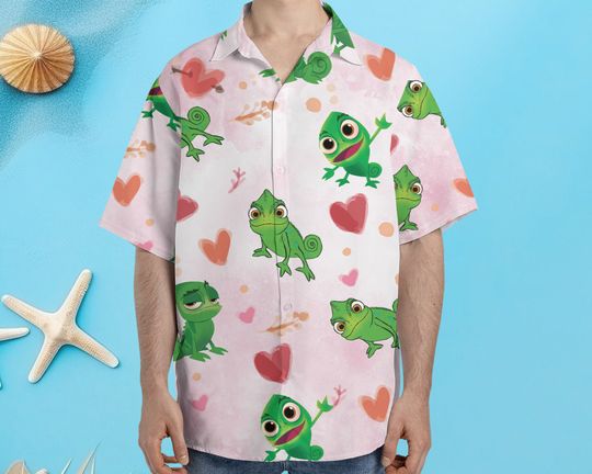 Disney Tangled Pascal And Heart Floral Hawaiian Shirt