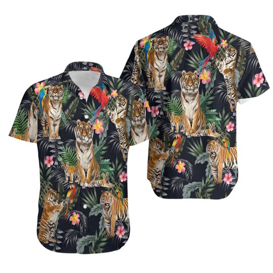 Tiger Hawaiian Shirt - Tiger And Parrot Tropical Button Down Shirts