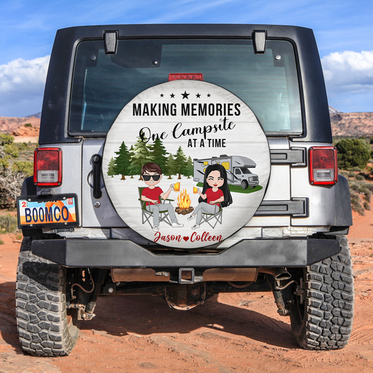 Making memories one campsite, couple camper, camping tire cover