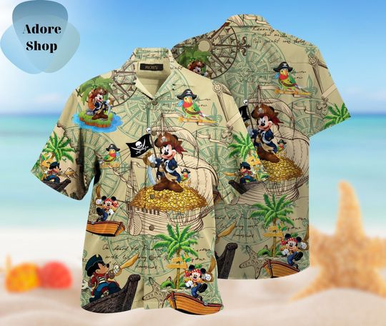 Beige Mickey & Mimi Hawaiian Shirt, Disney's Palm Tree Mickey for a