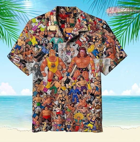 3D Wrestling Character Collage Art Hawaiian Shirt, Vintage Hawaii Beach Shirt, Wrestling Lovers Shirt, Tropical Button Shirt Gift for Men