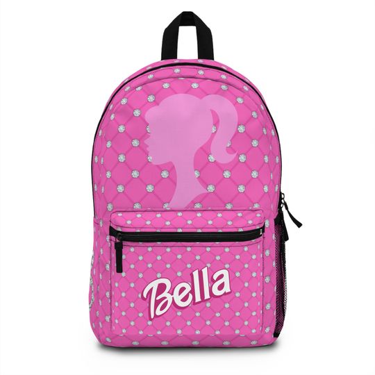 Custom name, Hot pink diamond pleated barbie diamond letter B  backpack