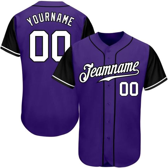 Purple Black White Baseball Shirt, Personalized Printed Team Name Number