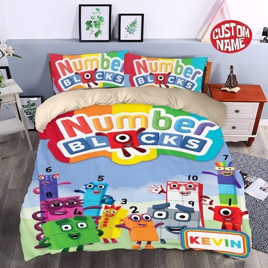 Personalized Colorful Blocks Bedding Set, Funny Number Blocks Bedding Set, Preschool Quilt Blanket, Kids Birthday Bed Set