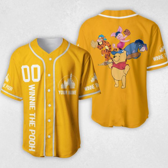 Personalized Winnie The Pooh Yellow Baseball Jersey, Custom Name Number Baseball Jersey for Adult Kid Youth