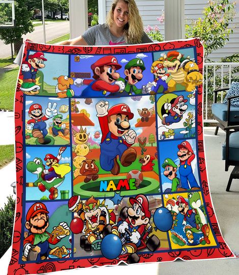 Super Mario Quilt Blanket, Personalized Super Mario Fleece Blanket, Super Mario Birthday Gifts