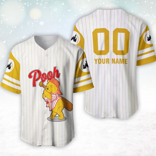 Pooh Yellow White Baseball Jersey, Winnie The Pooh Custom Name Number Baseball Jersey