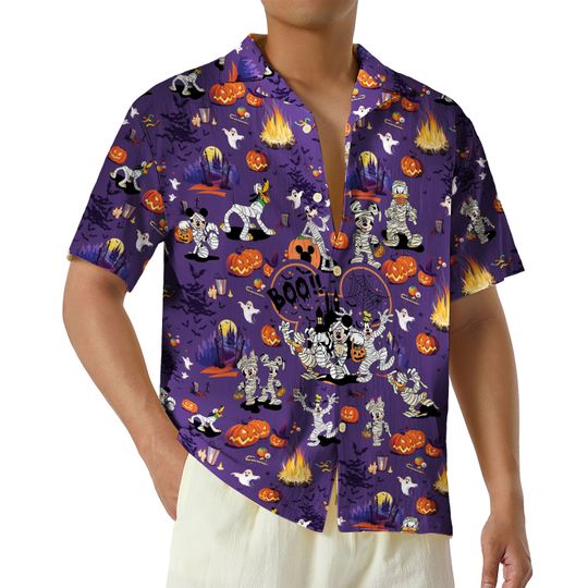 Discover Mickey and Friends Halloween Hawaiian Shirt, Spooky Pumpkin Disney Button Up Shirt, Disneyland Aloha Shirt