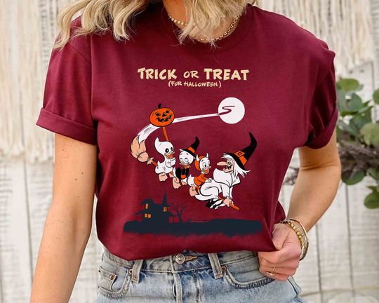 Trick Or Treat Huey Dewey Louie Witch Hazel T-Shirt, Disney Duck Tales Halloween Pumpkin Tee