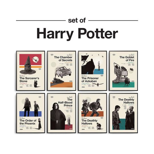 Set 8 Harry Vintage Movie Poster, Set 8 Potter Inspired Poster, Retro Movie Poster, Vintage Poster, Retro Poster, Midcentury Art