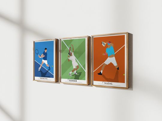 Tennis Poster Wall Art, Nadal, Federer, Djokovic, Sports Legends in action at Grand Slam Tournaments Tennis Gift, Tennis Art