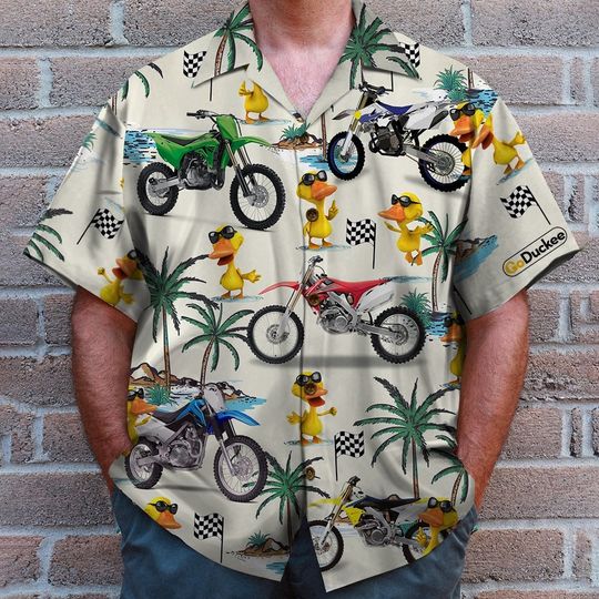 Motocross Duck Hawaiian Shirt - Dirt Bike and Fancy Duck Pattern